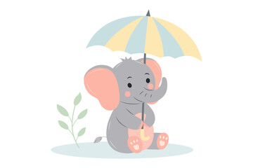 Cute baby elephant sitting with umbrella. Adorable cartoon zoo character. Cartoon flat vector illustration