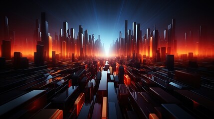 Abstract cityscape with tall buildings and skyscrapers made from glowing black cubes creating a futuristic urban environment with dark blue background