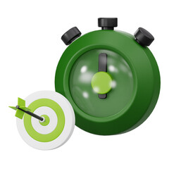 3D illustration of stopwatch and arrow hitting target board for time management and goal achievement concept