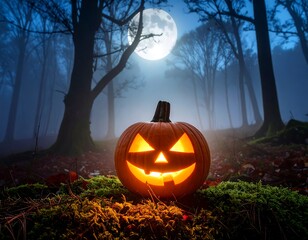 A carved pumpkin with an eerie, lit face, in a misty forest at night