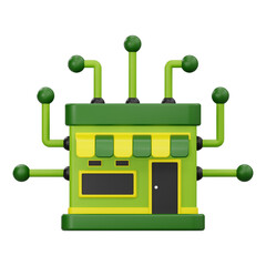 3D rendering of store building connected to digital network nodes for e-commerce and franchise concept