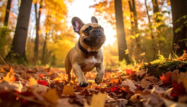A French bulldog frolics along a leafy path in a sun-drenched autumn forest