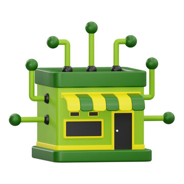 3D rendering of store building connected to digital network nodes for e-commerce and franchise concept