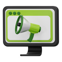 3D illustration of computer monitor with megaphone for digital marketing, promotion, and announcement concept