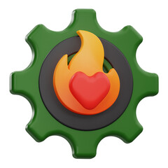 3D icon of gear with fire and heart shape for passion, motivation, and hard work concept