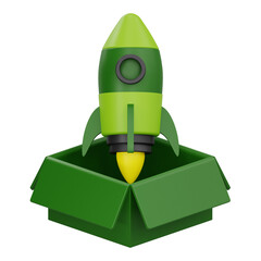 3D icon of green rocket launching from inside a box for thinking out of the box and startup concept