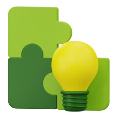3D icon of green puzzle pieces and light bulb for problem solving and creative solution concept