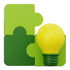 3D icon of green puzzle pieces and light bulb for problem solving and creative solution concept