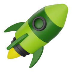 3D illustration of green rocket flying for startup business launch and speed boost concept