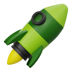 3D illustration of green rocket flying for startup business launch and speed boost concept