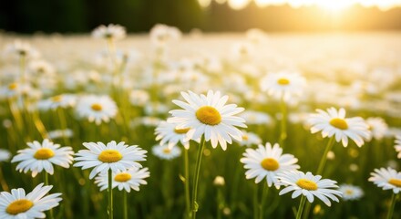 Field of white daisies blooming in warm golden sunlight with a soft focus background