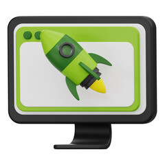3D rendering of computer monitor with rocket for digital startup and software launch concept