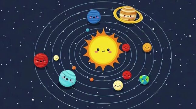 Whimsical solar system illustration featuring the sun and orbiting planets with cheerful facial expressions against a dark background