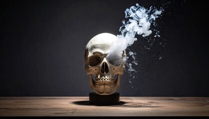 A realistic human skull object emits white smoke and debris against a dark gray backdrop on a wooden table with dramatic lighting emphasizing its textured surface and eye sockets