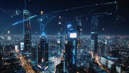 Futuristic Cityscape at Night: Digital Network, Skyscrapers, and Drone Flight - Powered by Adobe