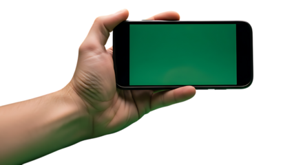Hand holding smartphone with greenscreen ready for your marketing message, ideal for app promo or software demo display in presentations