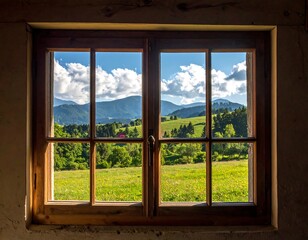 Wooden-framed window revealing a vibrant landscape, including green meadows, rolling hills, and a cloudy sky, seen from inside
