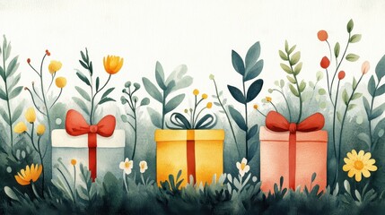 Colorful gifts surrounded by vibrant flowers and greenery.