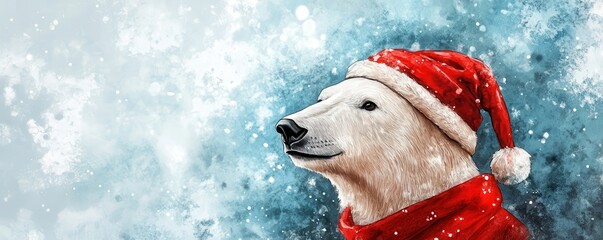 Polar bear in a festive Santa hat, snowflakes falling in a winter wonderland.