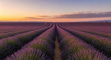 Fototapeta premium Expansive lavender field under a soft sunset sky captures nature's serenity and beauty