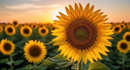 Obraz premium Vibrant sunflower field bathed in golden sunset light a beautiful natural landscape