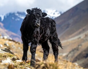 A fluffy, black calf stands alertly in a rocky, mountainous landscape