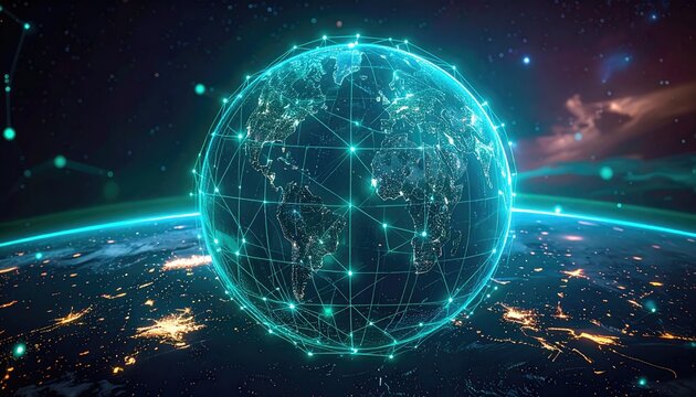 Abstract Digital Network Globe Over Earth With Glowing Connections And City Lights At Night In Outer Space