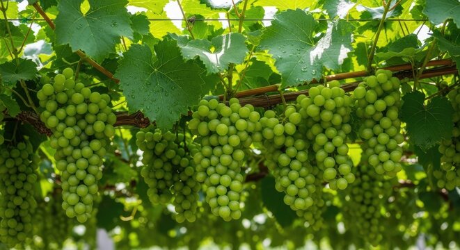 Lush clusters of green grapes ripening on the vine in a sunny vineyard, a symbol of abundance and the future harvest for winemaking
