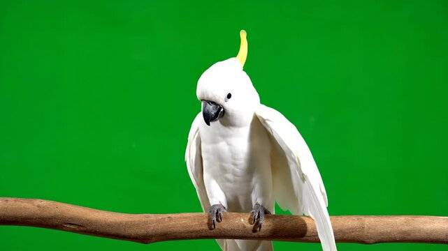 A white bird with a yellow crest and black beak perches on a brown branch, set against a green background