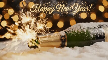 Champagne bottle is decorated with sparklers amidst a snowy backdrop and celebratory text, concept for New Year's Eve celebration, holiday greetings and festive announcements