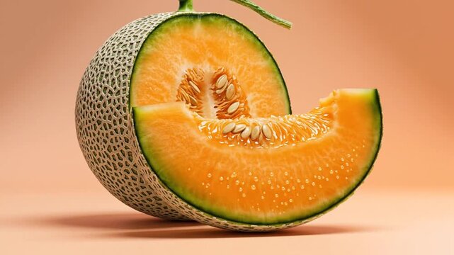 Close-up of a halved cantaloupe with a slice removed, showcasing the vibrant orange flesh and seeds