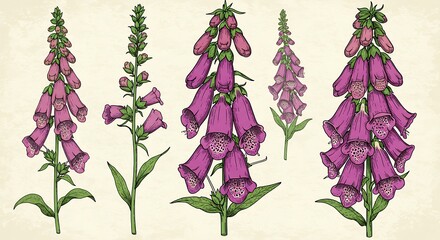 Botanical illustration of foxglove flowers in various stages, on a textured background