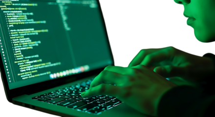 Hacker typing code, cybersecurity expert working with binary code, software developer coding, data breach, cybercrime investigation