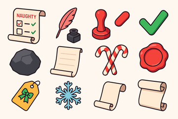Holiday Icon Set. Naughty or Nice List flat icons set. checklist scroll, quill pen, ink pot, red stamp, green checkmark, coal lump, parchment sheet, candy cane, wax seal, present
