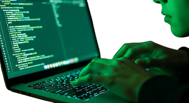 Hacker typing code, cybersecurity expert working with binary code, software developer coding, data breach, cybercrime investigation