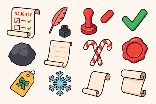 Holiday Icon Set. Naughty or Nice List flat icons set. checklist scroll, quill pen, ink pot, red stamp, green checkmark, coal lump, parchment sheet, candy cane, wax seal, present