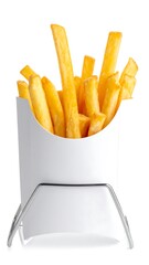 Crispy golden French fries in a white container, supported by a metal wire holder