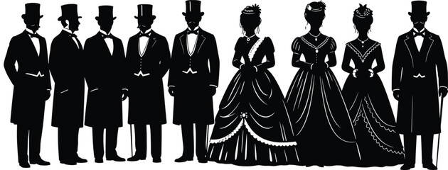 Victorian era fashion silhouettes set, gentlemen in top hats and ladies in ball gowns, retro vintage style, cad drawing flat vector illustration.