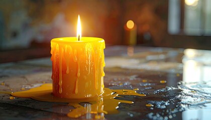 A single lit yellow candle with melting wax drips on a textured surface with a blurred background and soft light casting a warm glow, evoking a sense of calm and reflection
