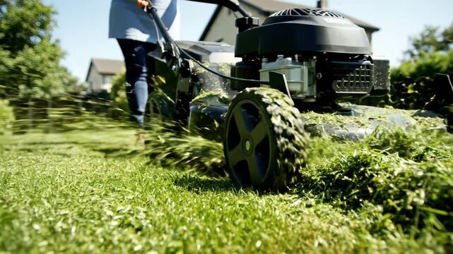 A lawnmower cuts lush green grass in a yard with houses in the background, concept for lawn care services, landscaping projects, and home improvement advertising