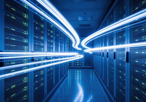 Futuristic data center with blue light trails representing high speed connectivity