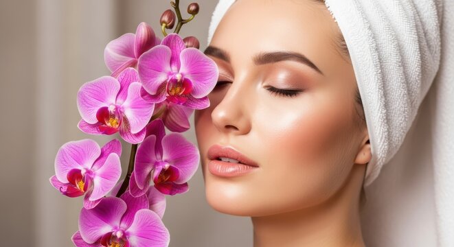 Serene woman with orchid flowers embracing natural beauty and spa tranquility