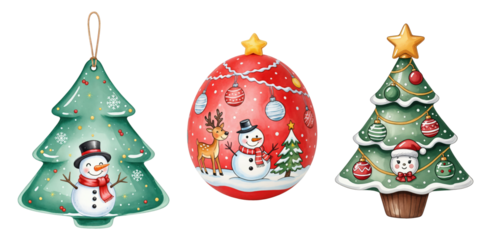 Festive Watercolor Christmas Ornaments Collection with Cheerful Snowmen, Reindeer, and Holiday Trees on transparent background