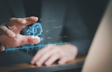 Business person using AI voice command with smartphone to create voice prompt for process automation without typing. Artificial intelligence for voice bot command technology.