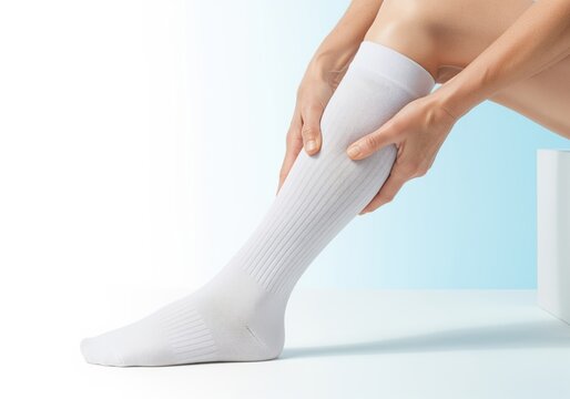 Woman gently massaging her leg calf muscle wearing a comfortable white sock