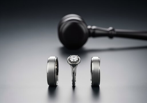 Wedding rings, diamond engagement ring, and gavel symbolizing divorce law