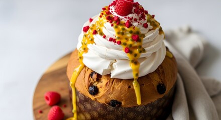 Close up of a panettone cake topped with whipped cream and passion fruit drizzle and raspberries