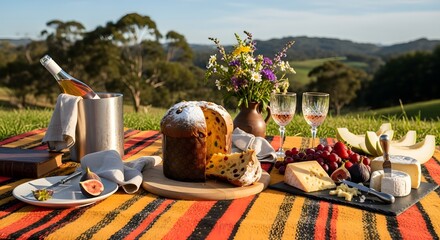 A picnic setup with panettone cheese wine and fruit on a striped blanket in an outdoor setting