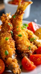 Crispy, golden-brown, fried fish served with tomatoes and herbs on a white plate
