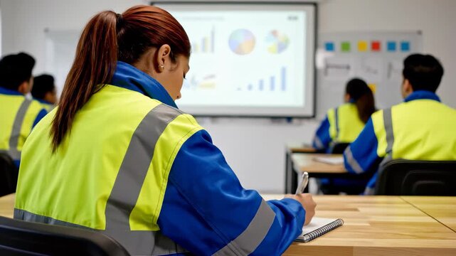 Rear view of woman worker in safety vest taking notes in training session with chart projector, concept for industrial education, corporate training and workplace safety program